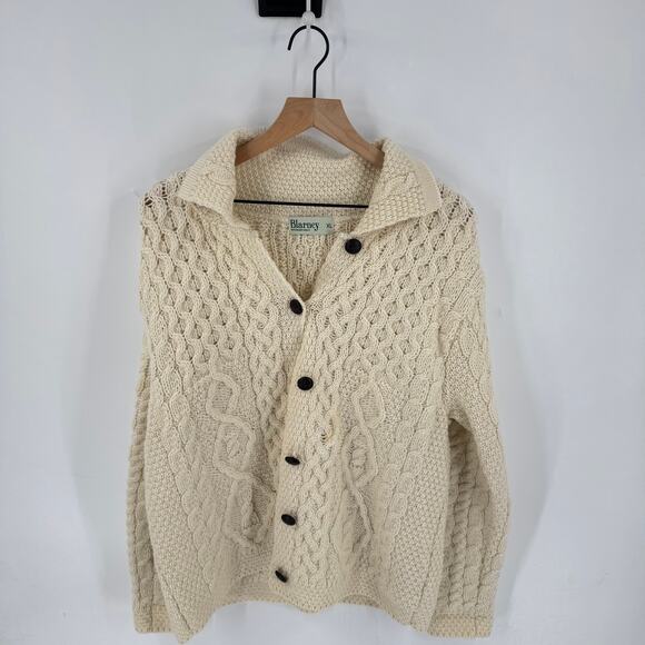 Vintage Blarney Woolen Mills Cream Cable Knit Cardigan 100% Merino Wool Size XL - Picture 9 of 9